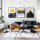 Three different types of abstract landscape canvas art featured on wall in apartment