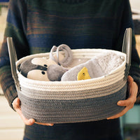 Grey Stripe with Leather Handles Cotton Storage Basket
